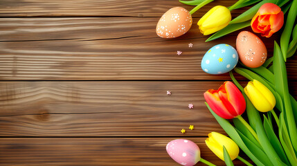 Easter eggs and tulips on a wooden table