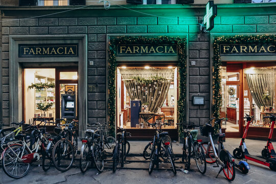 Florence, Italy - 29 December, 2023: Facade of an old and picturesque pharmacy in the center of Florence, Italy