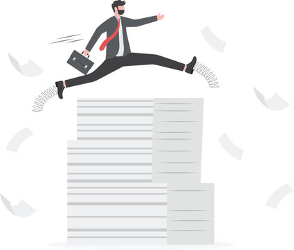 Efficiency or productivity to finish work, manage busy workload or paperwork, project documents or overcome exhausted or challenge concept, businessman jump pole vault over busy document paper.