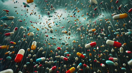 Random type pills rain. Generative AI - obrazy, fototapety, plakaty