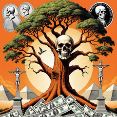 Illuminati Conspiracy - Skull and Bones guarding a money tree, sensationalist tabloid cover illustration in day-glow orange with hidden symbolism Gen AI - obrazy, fototapety, plakaty