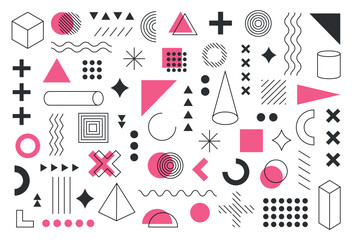  pink and black memphis background, set of geometric, memphis, bauhaus shapes. Modern vector abstract design with memphis elements