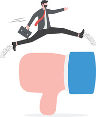 Deal with negative feedback, criticism or blame, ignore bully or failure, overcome difficulty to success in work, confidence businessman jump over critic thumb down feedback to achieve business goal.
