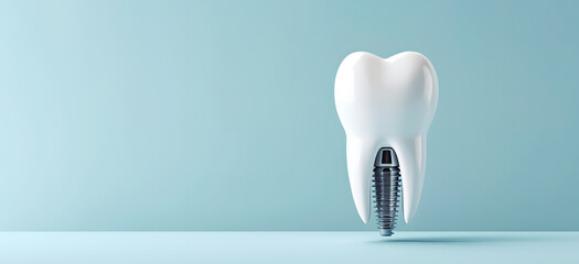 Human molar implant with steel pin on blue background. Removed teeth recovery technique with dental prothesis. Dentistry service development - obrazy, fototapety, plakaty