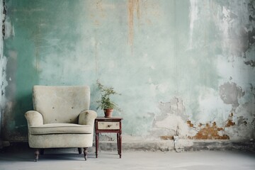 Scandinavian interior design in vintage retro shabby chic style with antique shabby wall