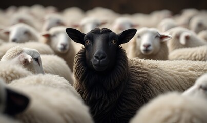 a flock of sheep, among them one sheep in a dark color