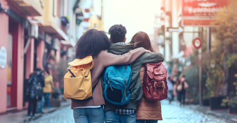 Group of school pupils with backpacks takes leisure walk after classes. Young friends share warm hugs cherishing joyful pastime together - obrazy, fototapety, plakaty