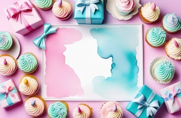 Card illustration, cupcakes, bow, gift box
