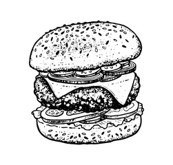 Vector hand drawn sketchy illustration of burger sandwich fast food meal with cutlet and cheese