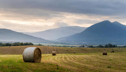 Picture-perfect scene: hay bales in a field, mountains in the background. Captures the beauty of an early autumn morning.