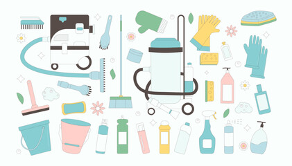 Cleaning spring set isolated on white background. Season wash home tools and equipment. Vacuum, gloves and other items for cleanup. Vector flat with outline illustration