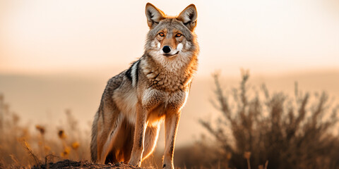 Photorealistic image of a coyote. Coyote sees you