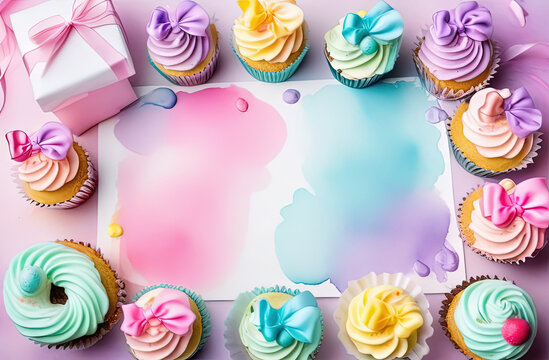 Card illustration, cupcakes , bow, gift box, birthday, holiday, drawing