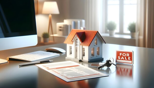 The image depicts a well-lit home office setup with a model house, a 'For Sale' sign, keys on a desk, and property listing documents, indicating a real estate transaction or promotion.

