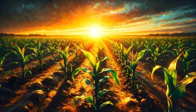 The image is an artistic, vibrant painting of a cornfield at sunrise, with the sun casting a warm glow over the verdant green corn plants and the sky painted in dramatic strokes of orange and blue.

