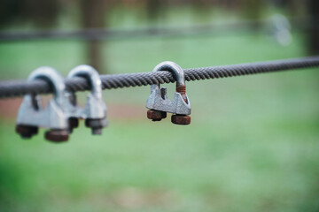 equipment for extreme park. items of equipment for extreme sports hanging on a wire