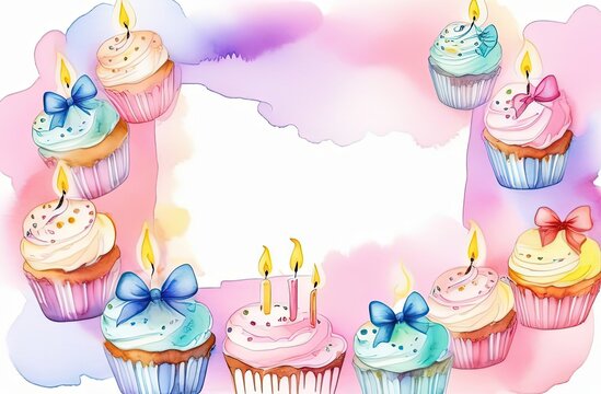 greeting card, cupcakes with candles, blue bow, happy birthday