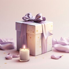 White gift box with stars and a bow, candle. Light background. Gifts as a day symbol of present and love.