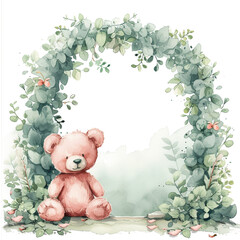 Gender neutral baby teddy bear and accessories over beige background. baby shower or birth announcement cards, with neutral theme floral green petal frame , leaf arch, decor for birthdays 