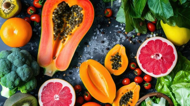 A collection of vibrant fresh fruits and vegetables, including papaya, grapefruit, and tomatoes, arranged on a dark surface.