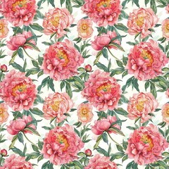 Seamless watercolor pattern with pink peonies on a white background. An illustration with colorful flowers and leaves.