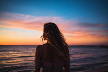 
Back view of woman on beach at summer sunset