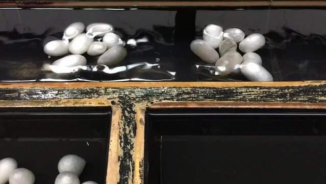 Silk factory in China processing and harvesting silk from silkworm cocoons