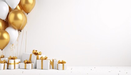 White gifts with gold bows, white and gold balloons, bright white background.Valentine's Day banner with space for your own content.