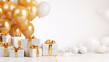 Obraz na płótnie Canvas White gifts with gold bows, white and gold balloons, bright white background.Valentine's Day banner with space for your own content.
