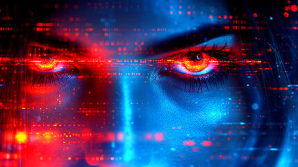 Close-up of a person's eyes with glowing red digital patterns, suggesting high-tech or cyber...