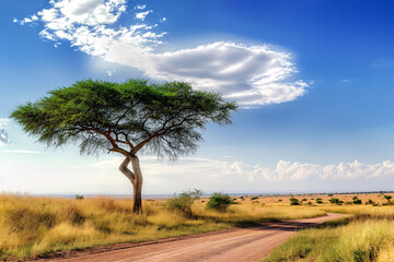 Fototapeta premium Vibrant Savanna Landscape Acacia Tree Framed by Lush Greenery, Beautiful Savana , shot of a tree in the savanna plains, Masai Mara landscape