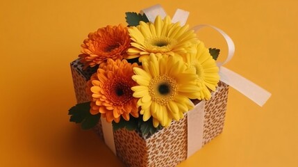 Yellow flowers as a gift with a bow, orange background.Valentine's Day banner with space for your own content.