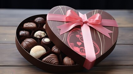 Heart-shaped box with chocolates and a pink bow on a wooden top. Gifts as a day symbol of present and love.