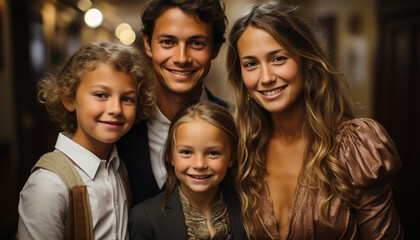 Obraz premium Smiling family embracing, happiness radiates from their toothy smiles generated by AI