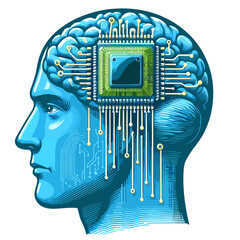 Human head brain with circuit board and microchip installed on the head, illustration