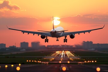 A large jetliner taking off from an airport runway at sunset or dawn with the landing gear down and the landing gear down, as the plane is landing