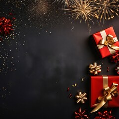 Top view of red boxes, gifts with gold bows, dark background.Valentine's Day banner with space for your own content.