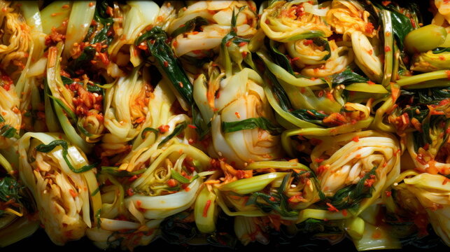 tradition of kimchi through this photograph, highlighting its rich colors, varied textures, and the art of Korean fermentation