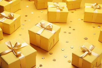 Yellow boxes, gifts with bright bows around gold confetti, stars.Valentine's Day banner with space for your own content.