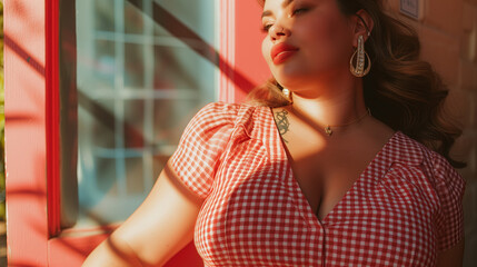 body positive woman relax in room interior . Sun and Shadows