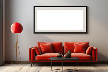 Interior mock-up of a modern living room with matching red sofa and floor lamp.