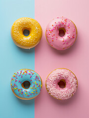 colorful donuts on pink and blue background