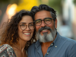 Portrait of brunette couple with South American, Hispanic roots. Concept of retirement, love, second life, happy living