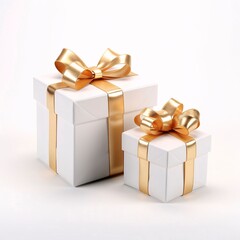 Two white gifts with gold bows, white background. Gifts as a day symbol of present and love.
