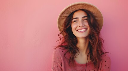 A relaxed and cheerful woman in everyday clothes
