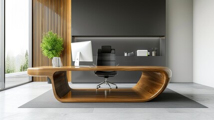 A sleek, minimalist office desk with a polished wood finish, symbolizing professionalism