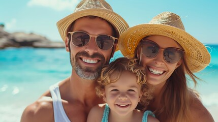 A vibrant shot of a happy family on the beach, promoting resort services