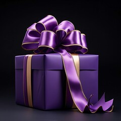 Purple gift box with a bow on a dark background. Gifts as a day symbol of present and love.