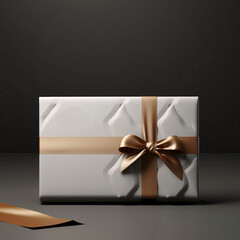White box, package with gold ribbon, bow, dark background. Gifts as a day symbol of present and love.
