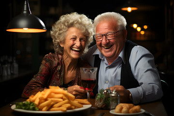 romantic elderly couple talking at a table in a cafe